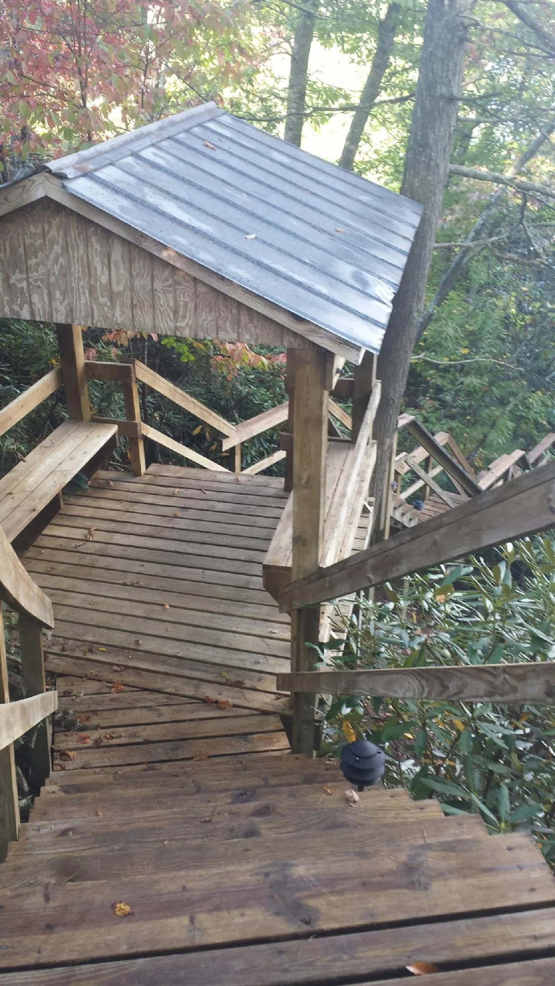 Metal roofed shelter over wooden steps on a wooded walkway — Skylight Repair & Installation work by our crew in Versailles